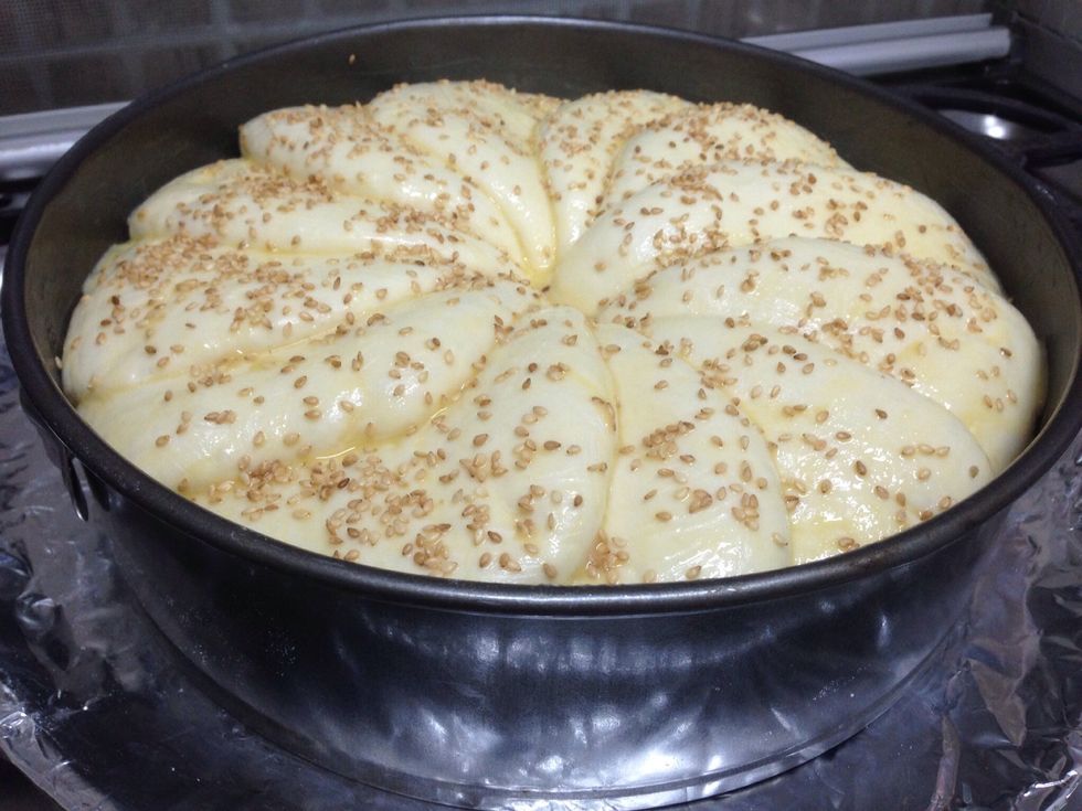 When it is double brush it by egg with vanilla and sesame seed .