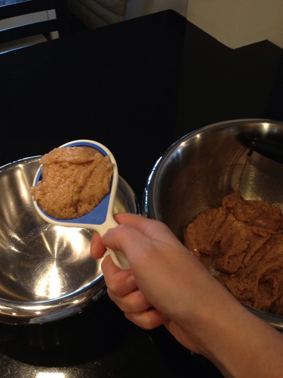 When it's all mixed, portion out about a cup of batter. It should be thick (and eggless, which means you can steal a spoonful or five to sample!)