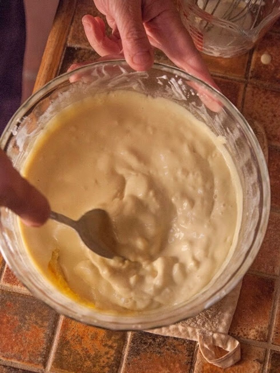 When it's done, take it out and mix it together well, smoothing out any lumpy parts. Make sure you scrape the sides of the bowl. You want it to be smooth so that it cooks through