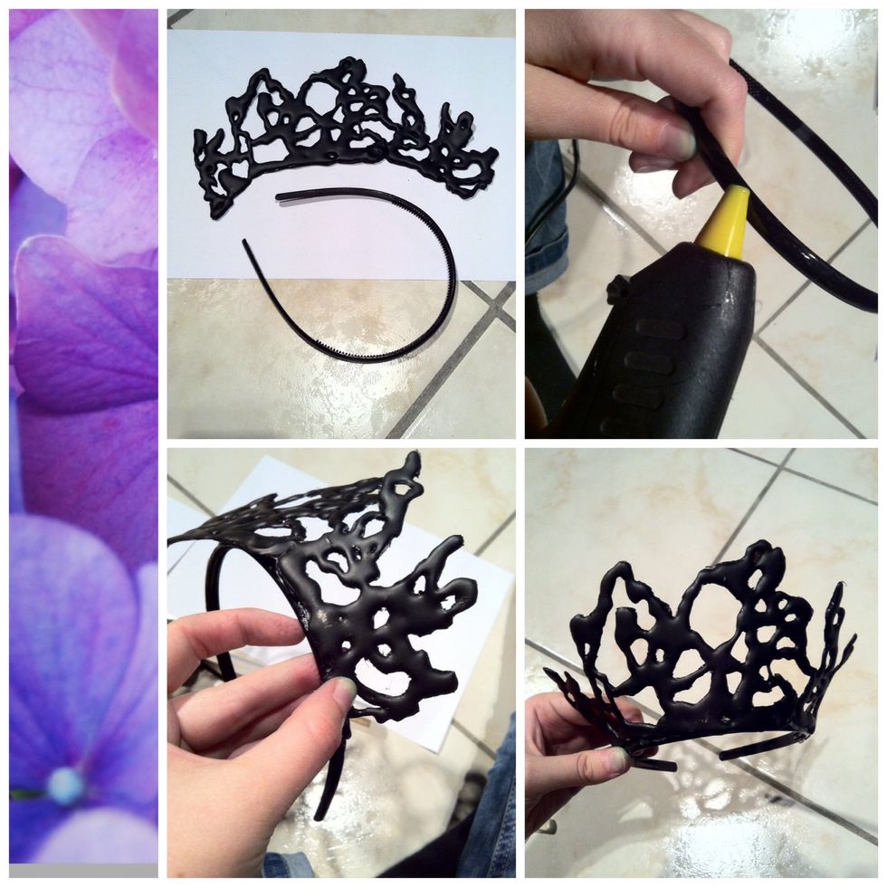 When it's dried, take your circlet and hot glue the crown on. You'll need to push it on until the glue has dried!