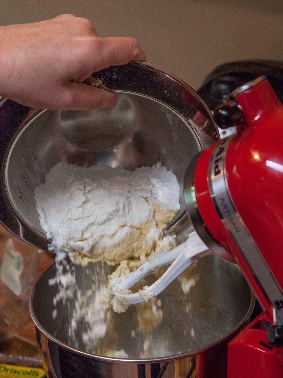 When it's nice and fluffy add in: 1 cup of fine cornmeal flour, 3/4 cup of all purpose flour, 3/4 tsp of salt,1 tsp of baking powder...