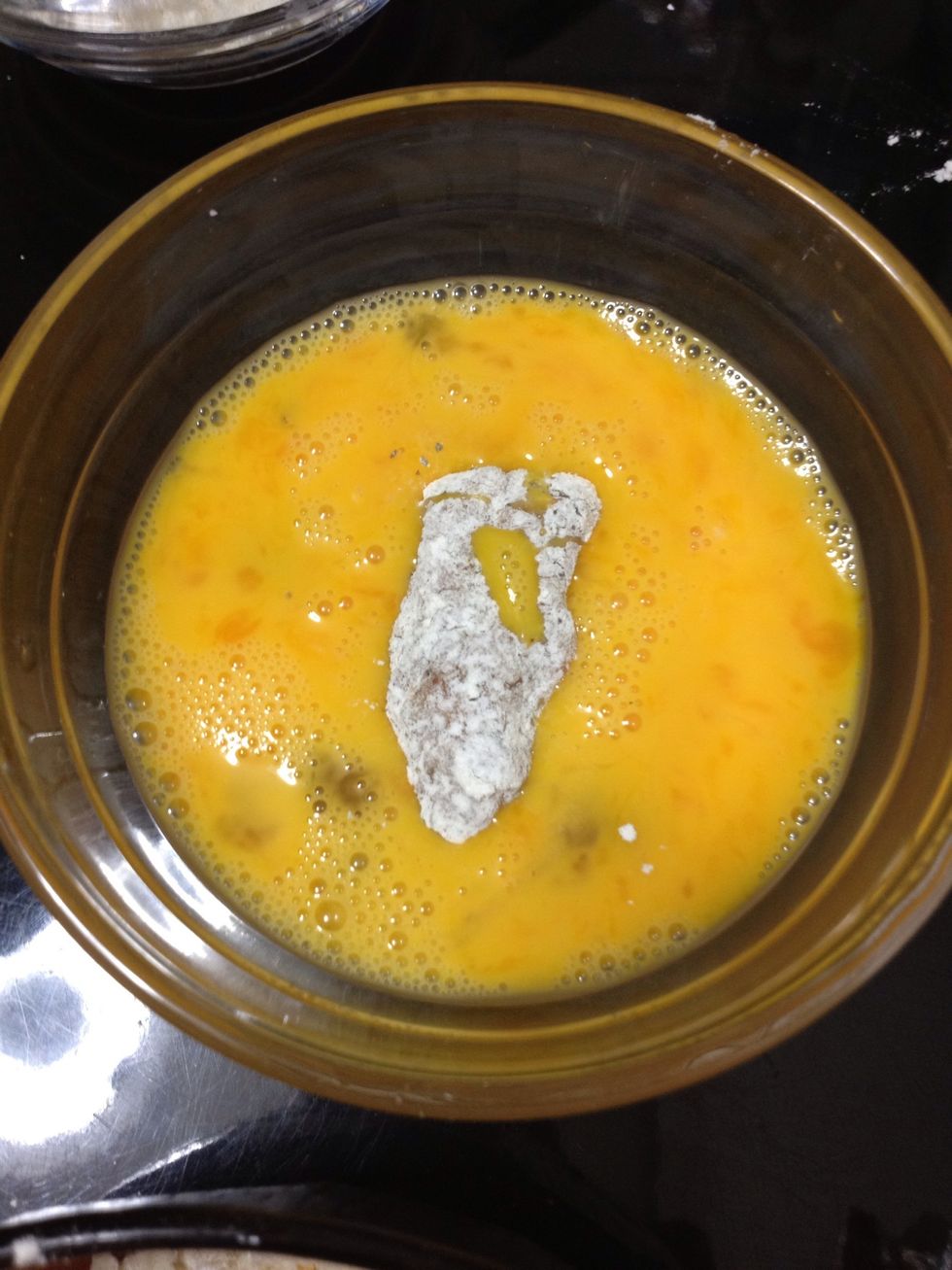 when its all covered with flour. dip it in your beat egg bowl.