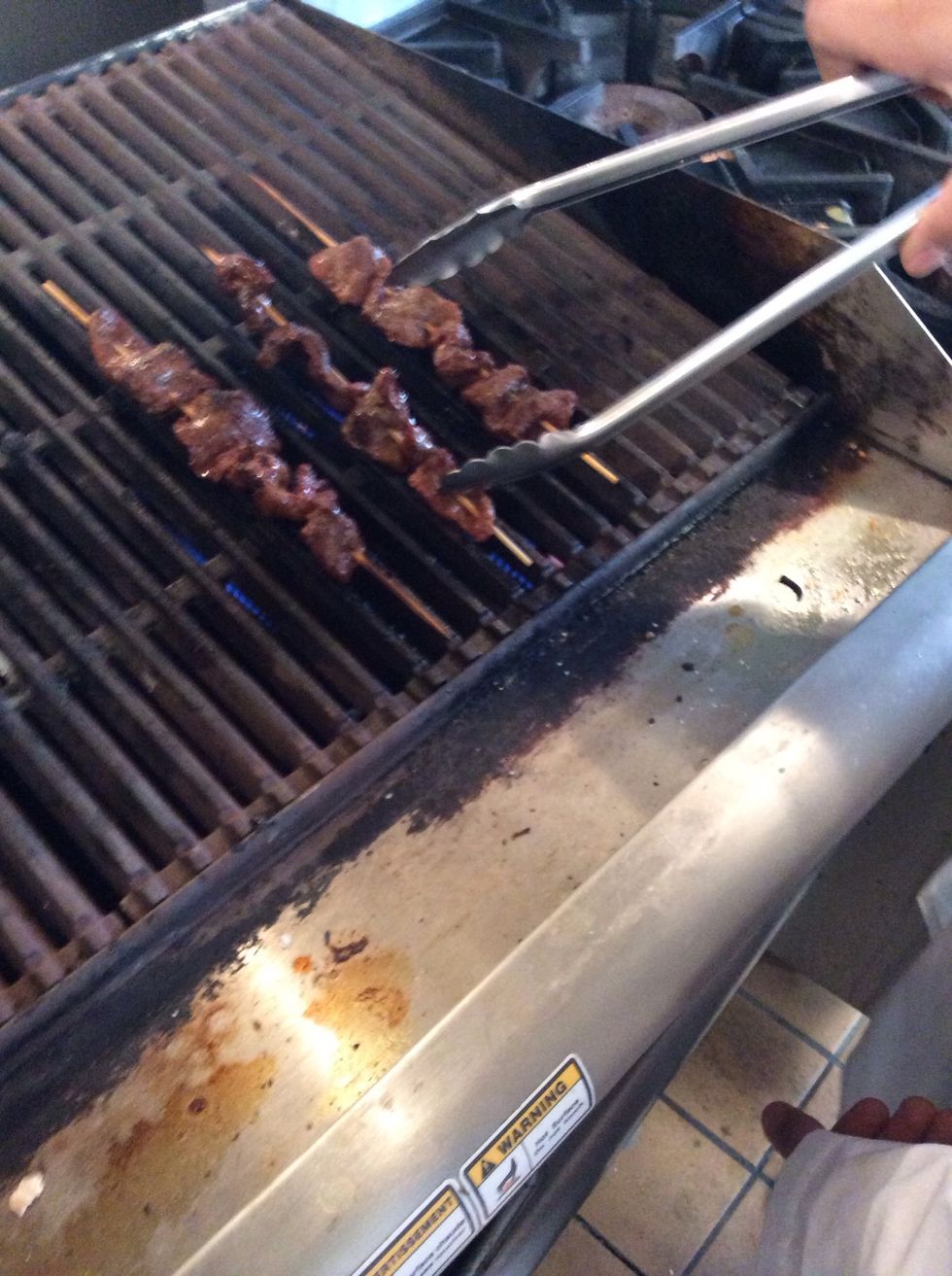 When kabobs look a dark brownish color, take them off the grill