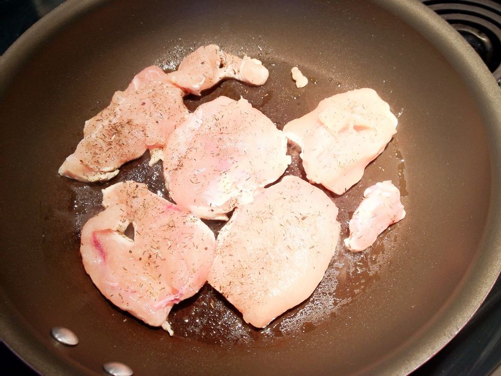 When pan is hot at medium heat, put chicken in. Leave it on that side to cook for 3-4 minutes, don't turn them.