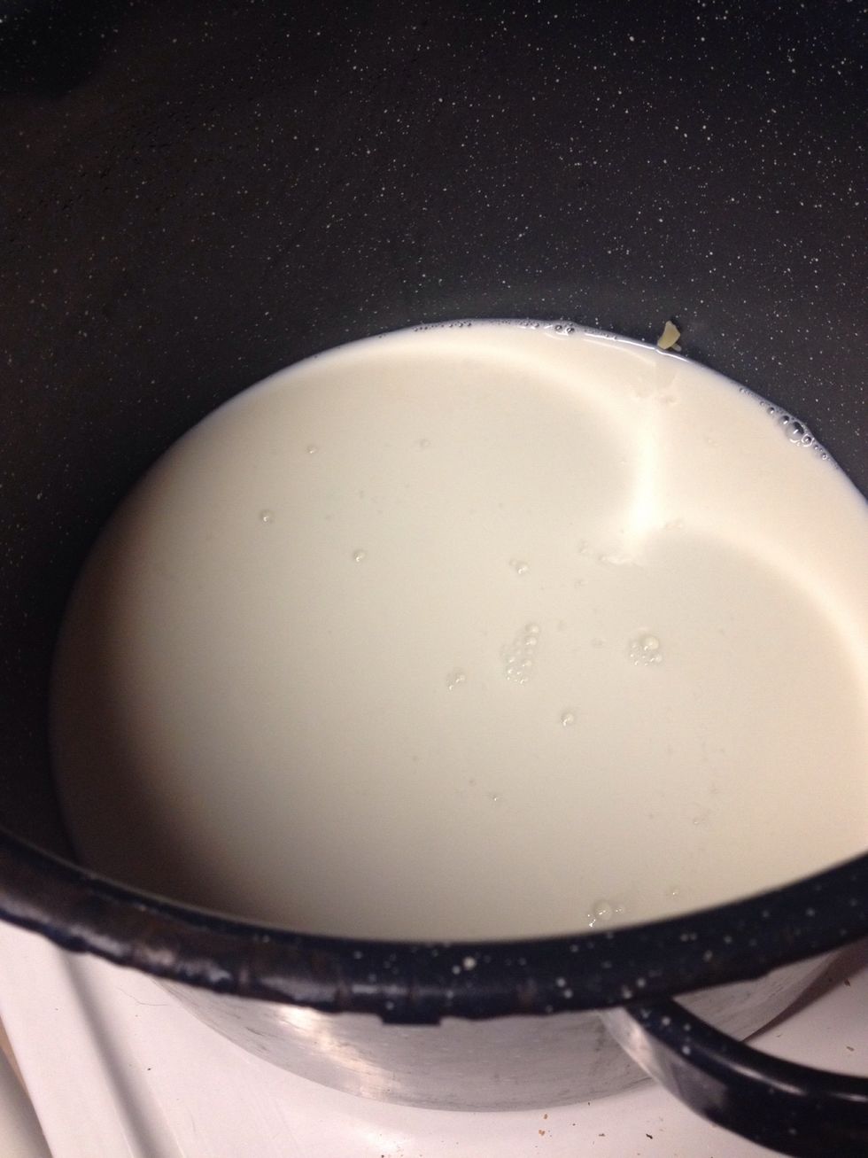 When pasta is done, drain and add milk and butter to the bottom of the pot. Keep burner on low heat.