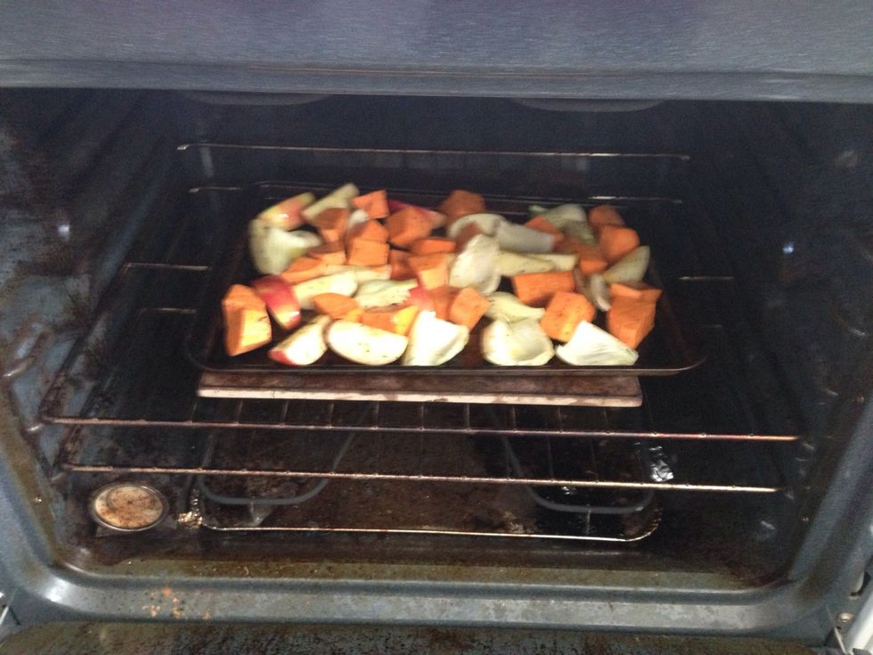 When preheated, place veggies on hot pan and return to oven. Bake about 25 minutes, turning once.