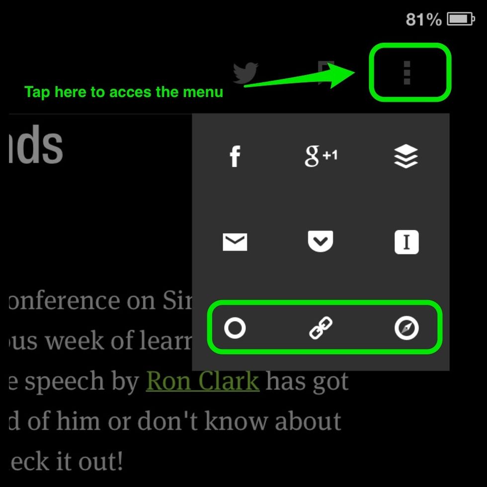 When reading, in the upper right corner there will be a menu box, 3 little boxes in a vertical line. The bottom 3 options are my faves. From left to right: mark as unread, copy link & open in browser.