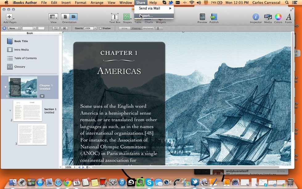 When ready, choose Share > Export, and select the PDF format. Create a PDF file for viewing only onscreen (not as a printout).