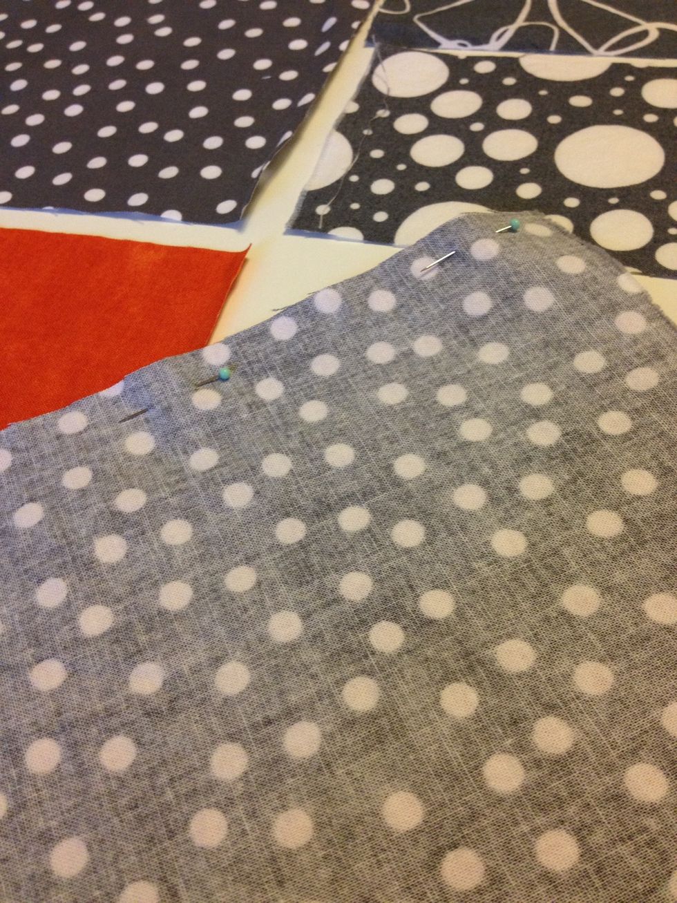 When ready, put a pin in it! Pin the squares, and sew until you have rows. Then the next row, and next. Since I hand sew, I'll show you how I do it. If you machine sew, whirr away!