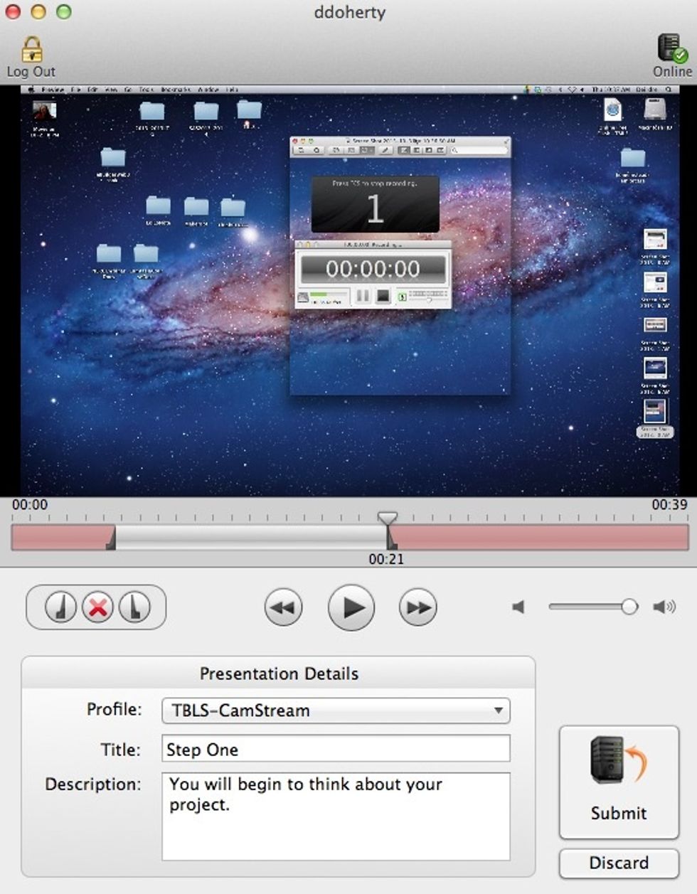 When satisfied with the recording, click the submit/done button on the bottom right of the window. If you are not satisfied with the recording you can discard it and begin again.