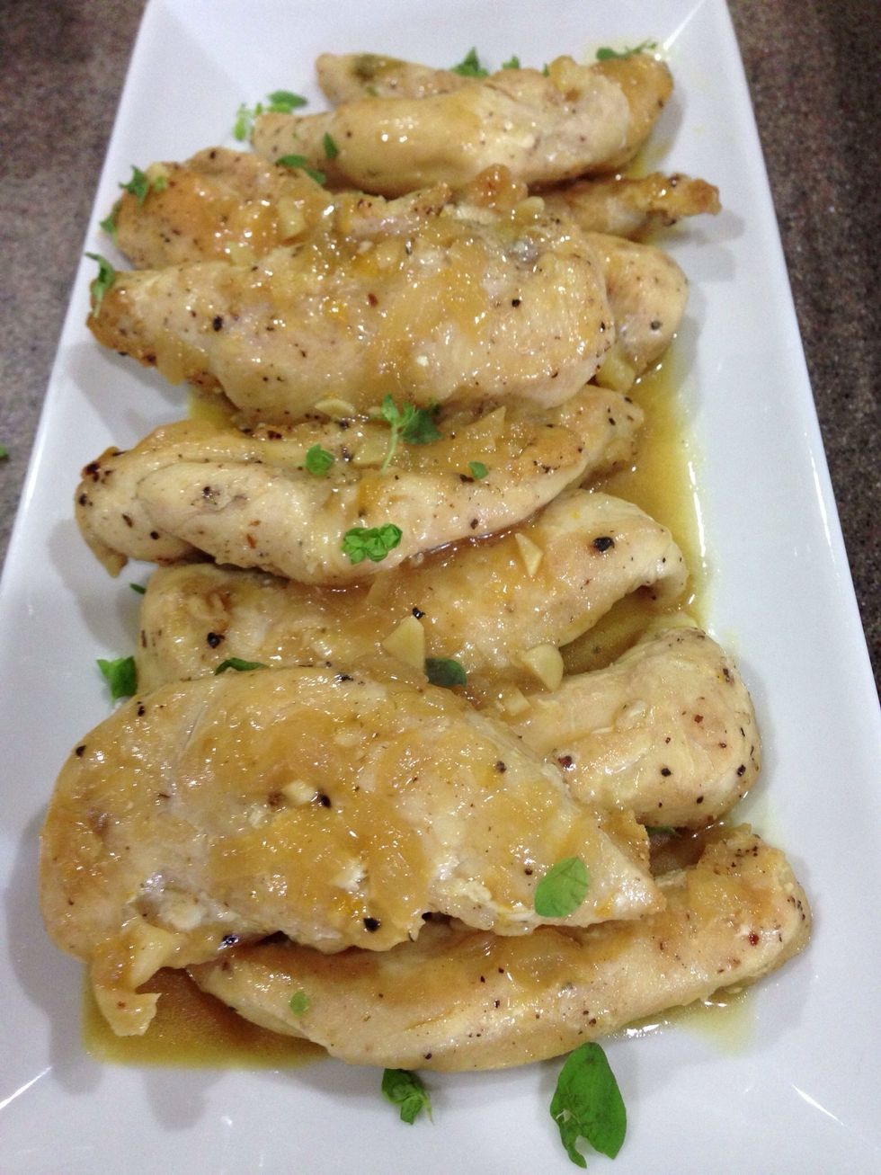 When sauce is thickened, place tenders back in pan & cook just until heated through. Drizzle sauce over chicken, sprinkle with fresh thyme, and serve.