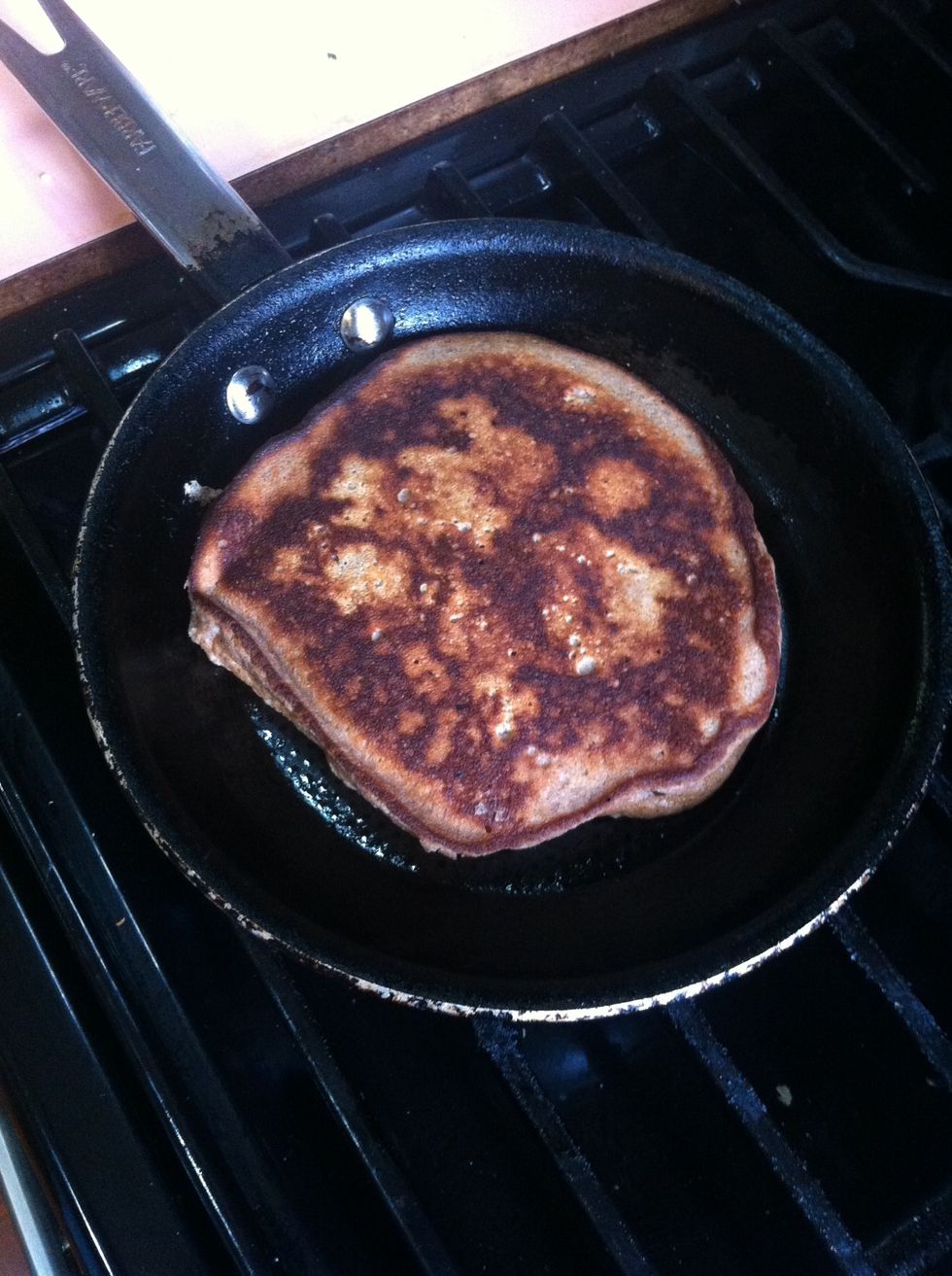 When stable enough to flip... Turn it over for another several minutes. (Cook time largely depends on the heat of your flame and size of your pancake.)