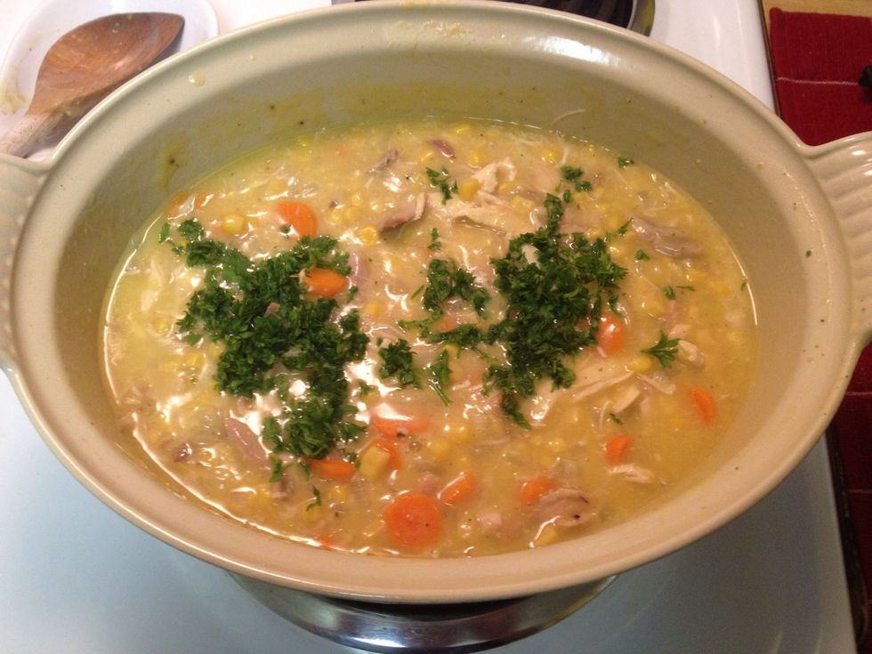 When the 10 minutes are up, add most of the parsley and stir in. Reserve a few pinches of parsley for a garnish.