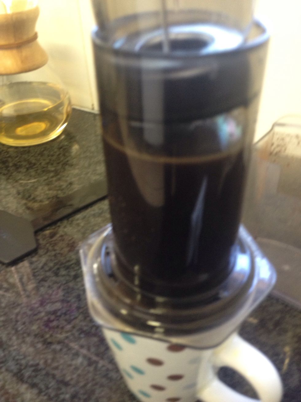 When the 45 seconds has run out, flip the Aeropress onto you warmed mug and press as quickly as possible until you can't anymore.