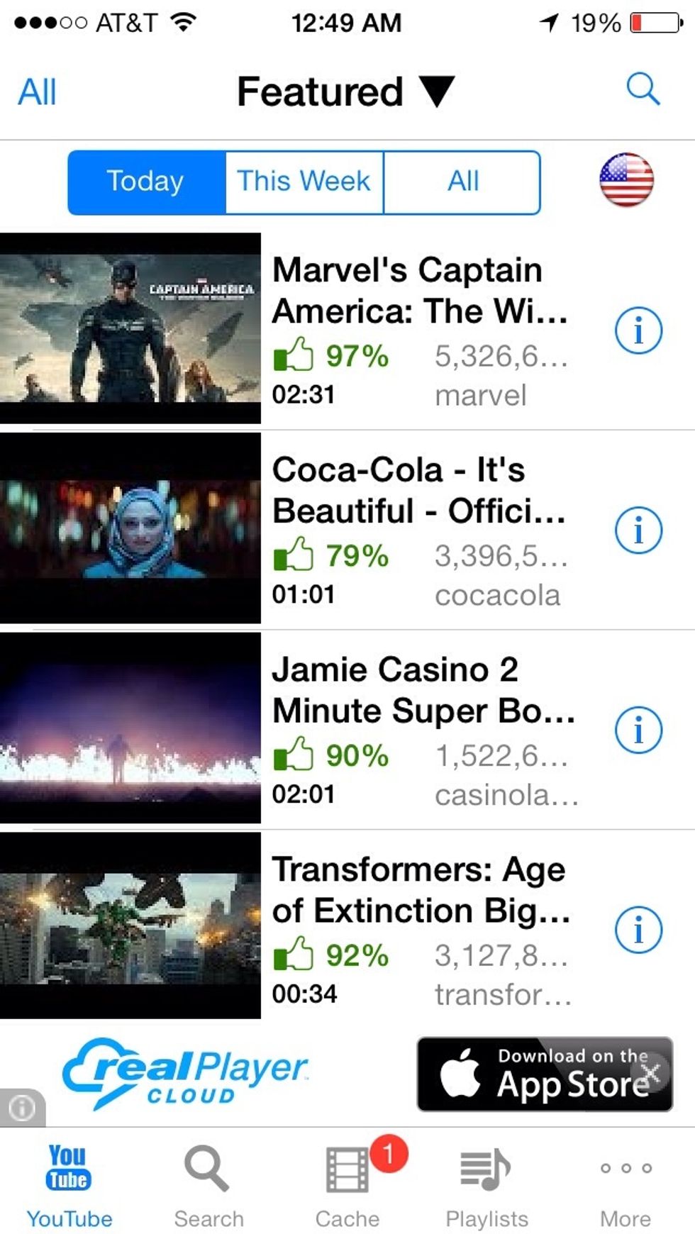 When the app launches, you will be taken to a screen showing currently popular YouTube videos. Select the SEARCH option to search for a specific video.