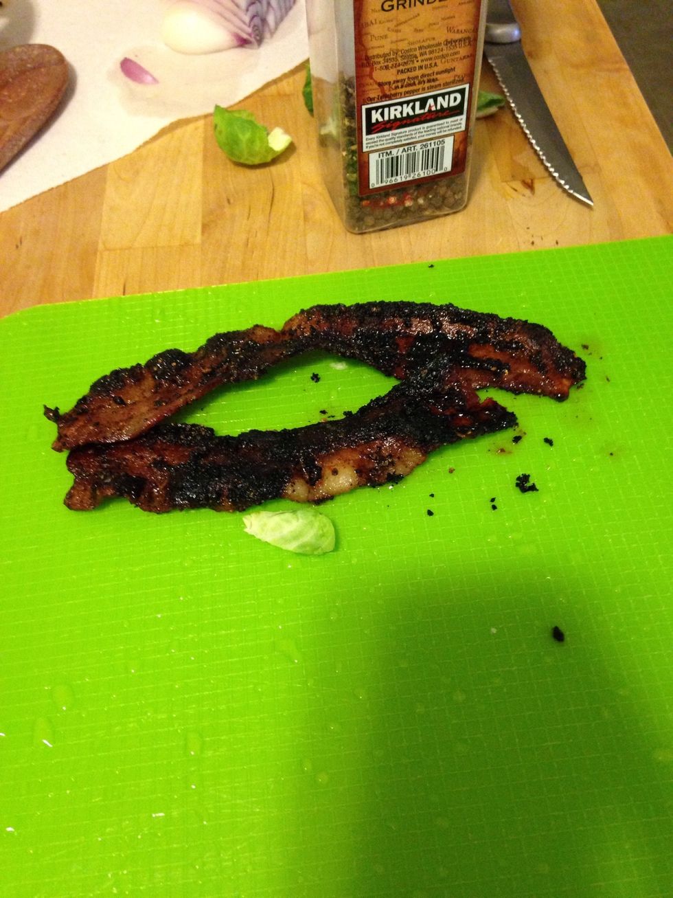 When the bacon is done, sit aside so it can cool. It's ok if it is a bit blackened. This is the brown sugar caramelizing.