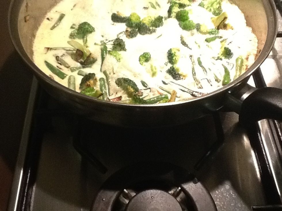 When the broccoli and beans are cooked, add the cream, salt and pepper and stir to combine.  Allow to simmer for a couple of minutes.