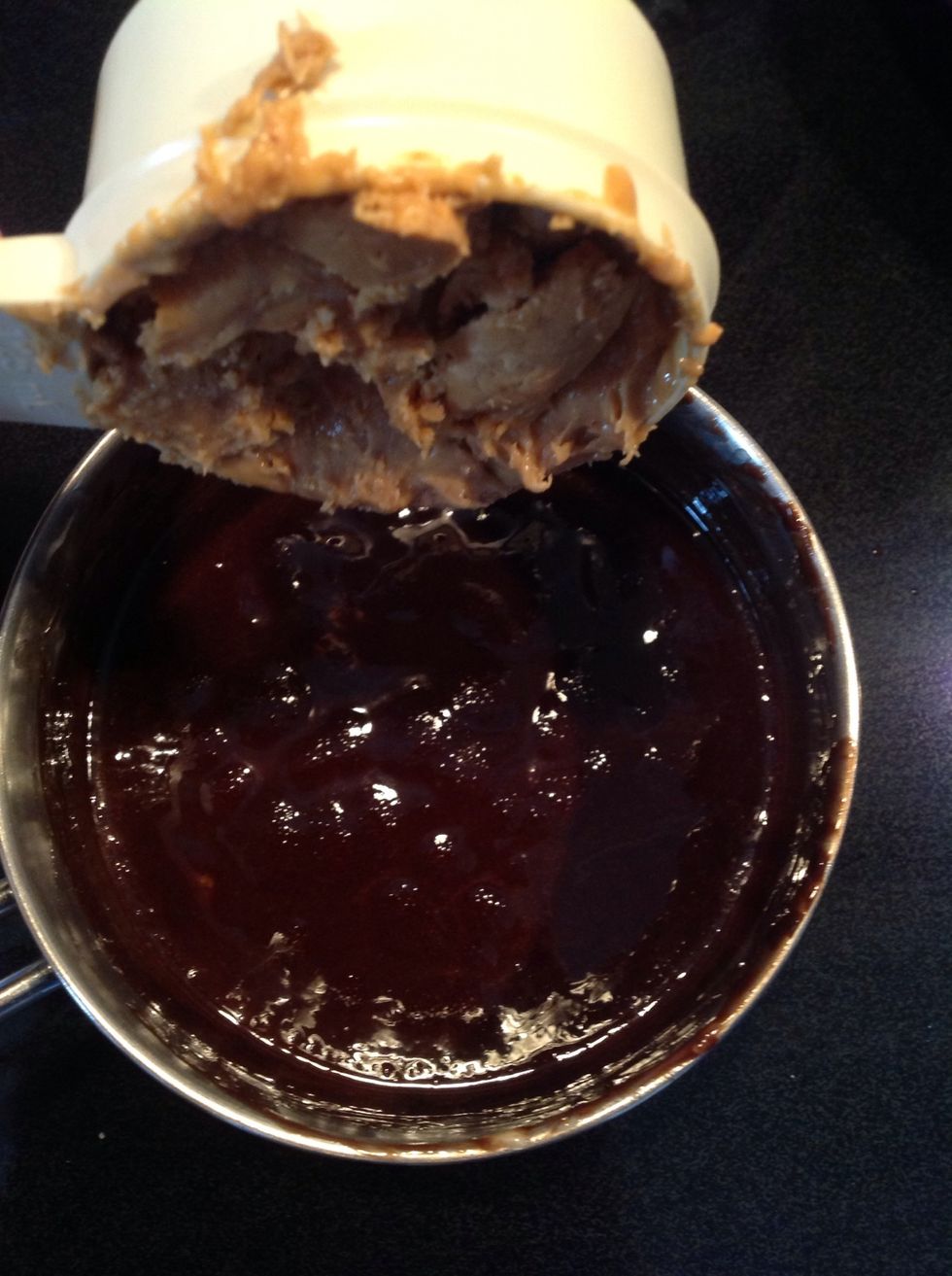 When the butter and the chocolate chips have melted, add the peanutbutter