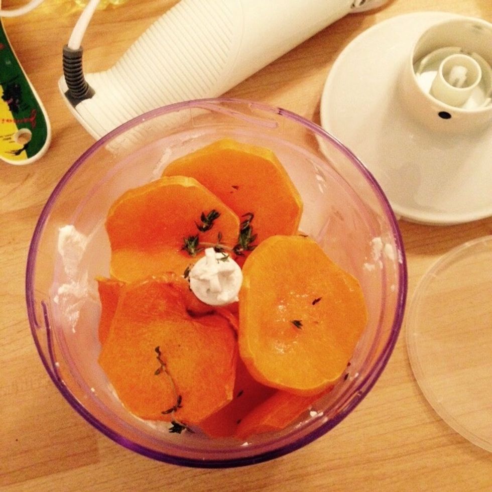 When the butternut squash is done, let cool down slightly and the. Add to the mixer, tossing the garlic cloves