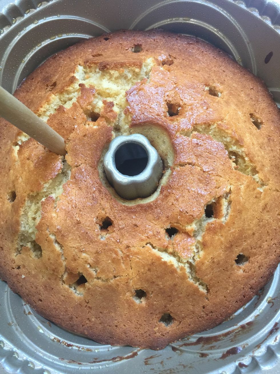 When the cake is finished. Poke it and