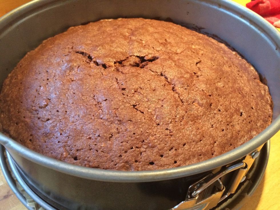 When the cake is finished you will need to lift it up and put it in the other springform together with the chocolate fudge.