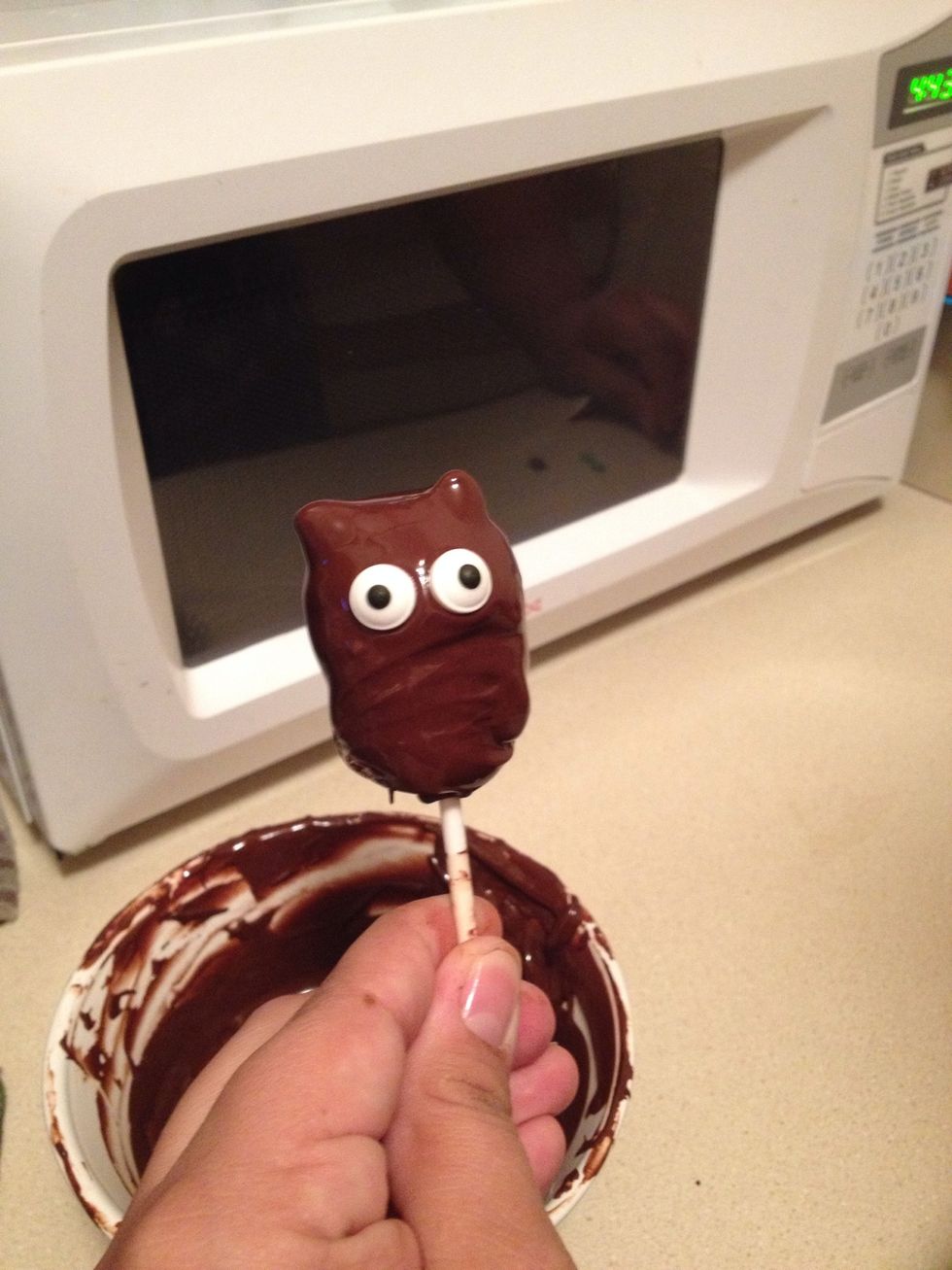 When the cake pops are dry, put a small amount of melted candy coating in the position for the eyes and attach them.