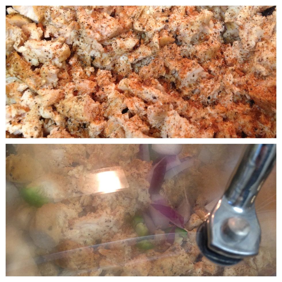 when the chicken cools, shred with your fingers, add some of your left over veggies from the yummy guac - onion, tomato, serrano, garlic. cover and cook on low heat.