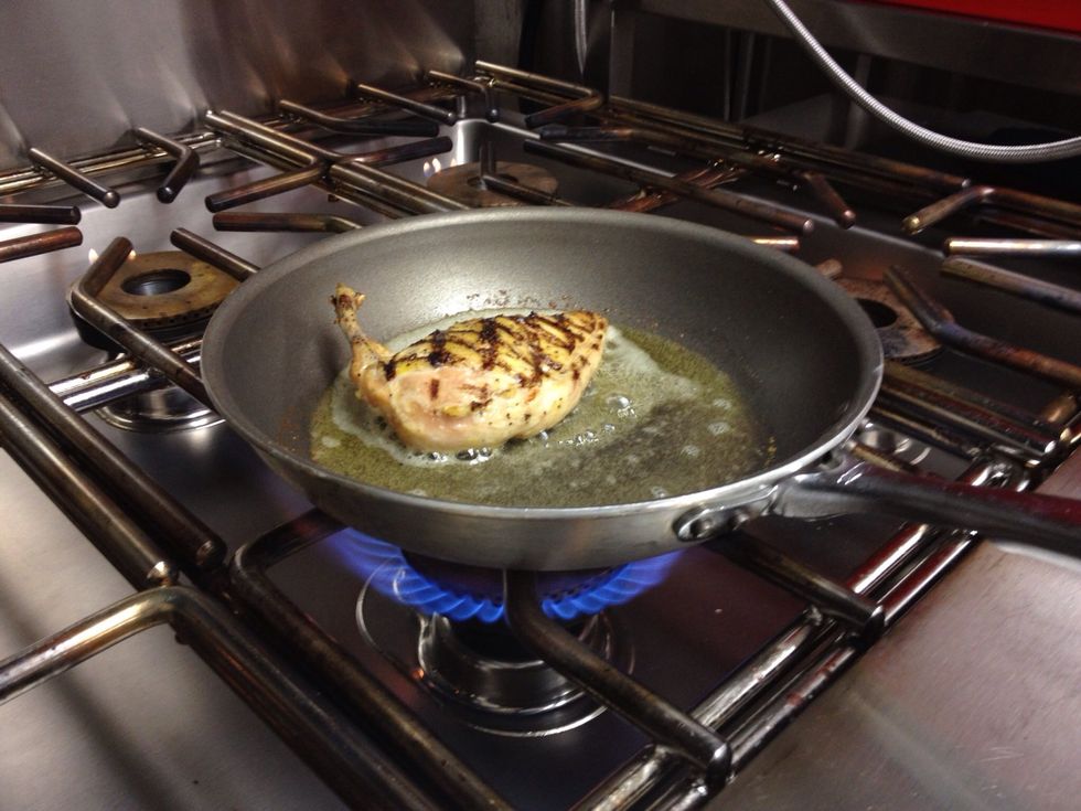 When the chicken reaches an internal temperature of 150F (65C), remove it from the oven and finish it in saut\u00e9 pan