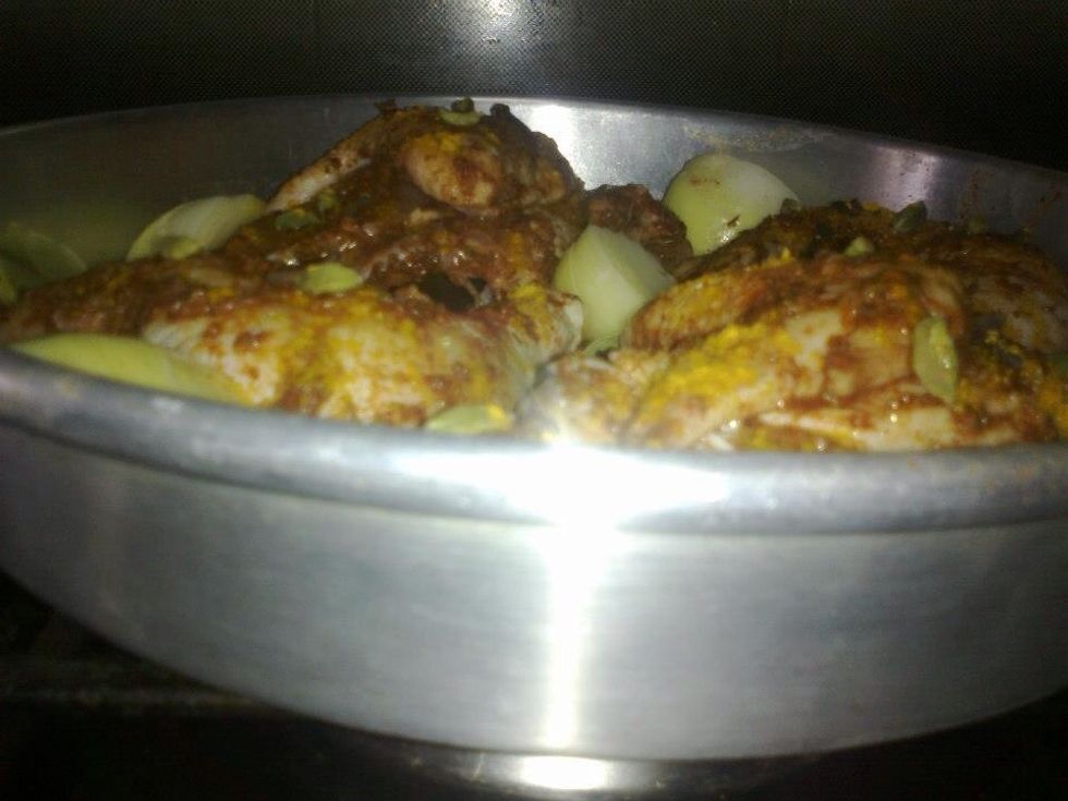 When the chicken ready remove the tin and put it back in the oven for 5 minutes to gain a beautiful color from above