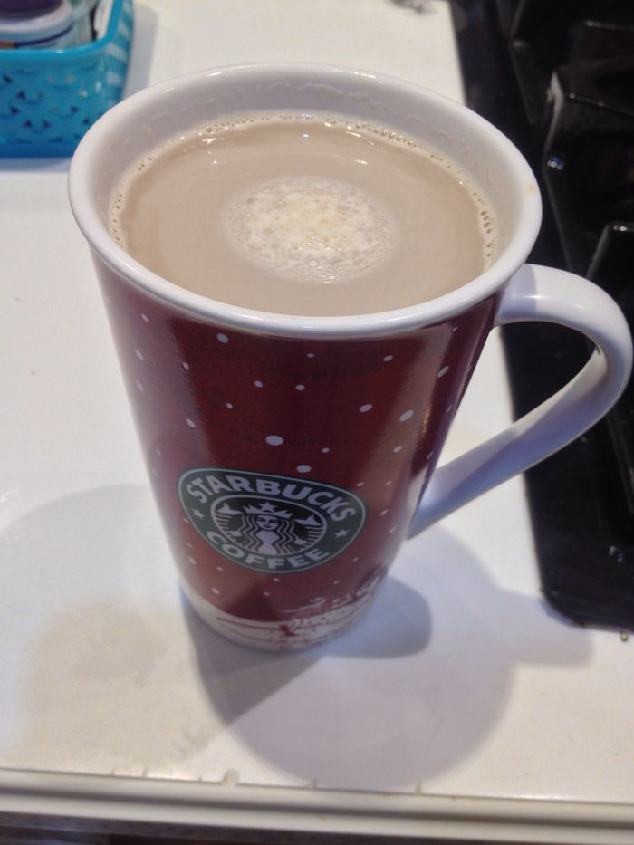 When the coffee is ready and the milk begins to bubble, carefully pour the hot milk into the coffee cup! Stir and enjoy!!