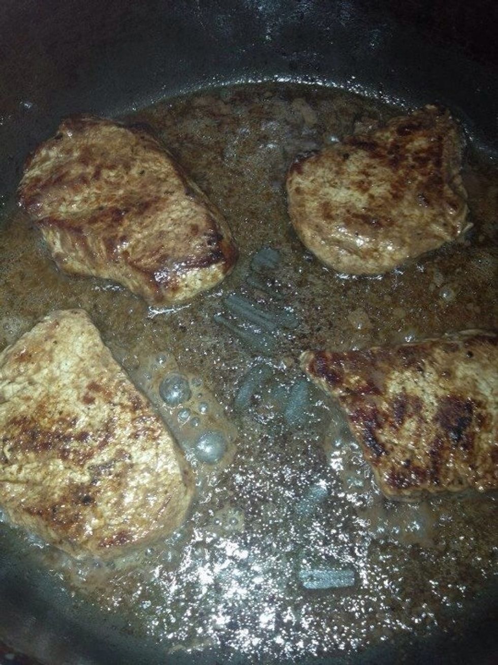 When the cut is well seared , flip it and wait a few more minutes depending on the thickness of your cut and how long the sear took to develop