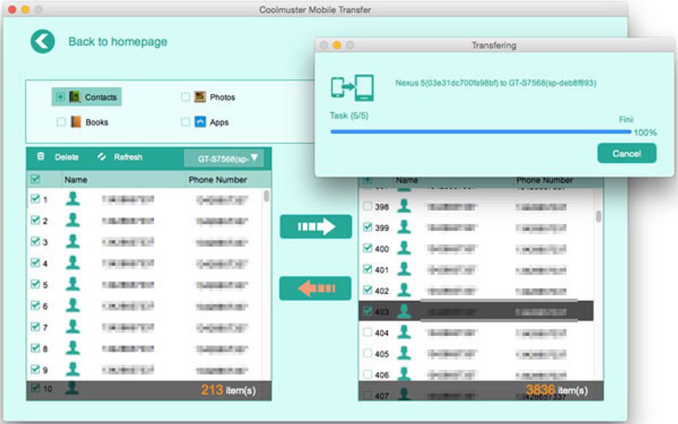 When the device is detected and displayed in the right position, you can check the option of "Contacts" and then hit the big "Start Copy" image icon in the middle of the panel to start the process.