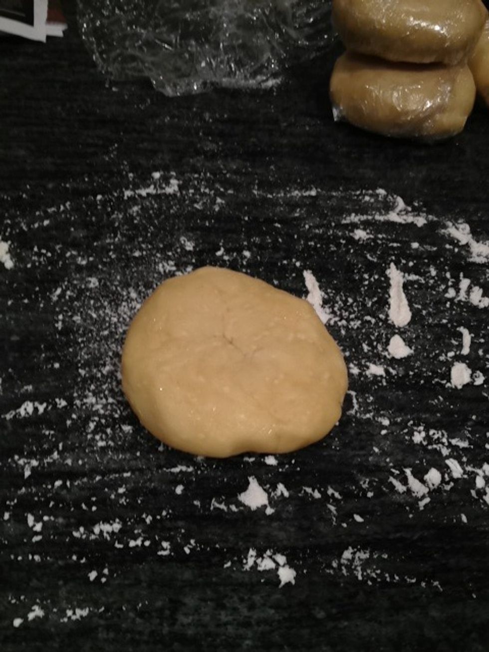 When the dough is sufficiently chilled, remove from fridge, and let soften a bit. Place one disc on a lightly floured work surface.