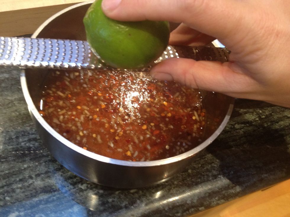 When the dressing has cooled, add the zest of 1 lime.