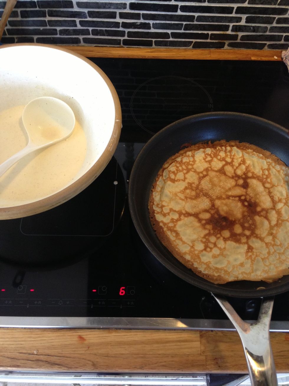 When the edges of the pancake is brown and the batter in the middle is baked(stiff). Flip the pancake and enjoy the sight.