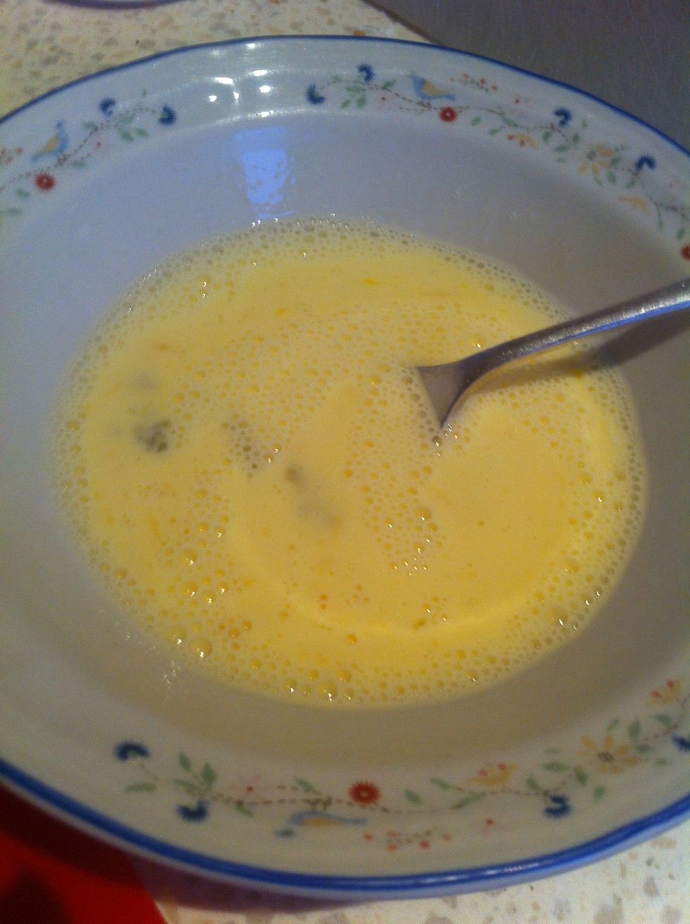 When the egg and milk has been whisked together with either a fork or beater, the mixture should be light and frothy and appear like this