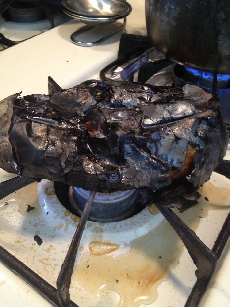 When the eggplant has finished roasting  turn off the heat and continue on to the next step.\ud83d\ude04