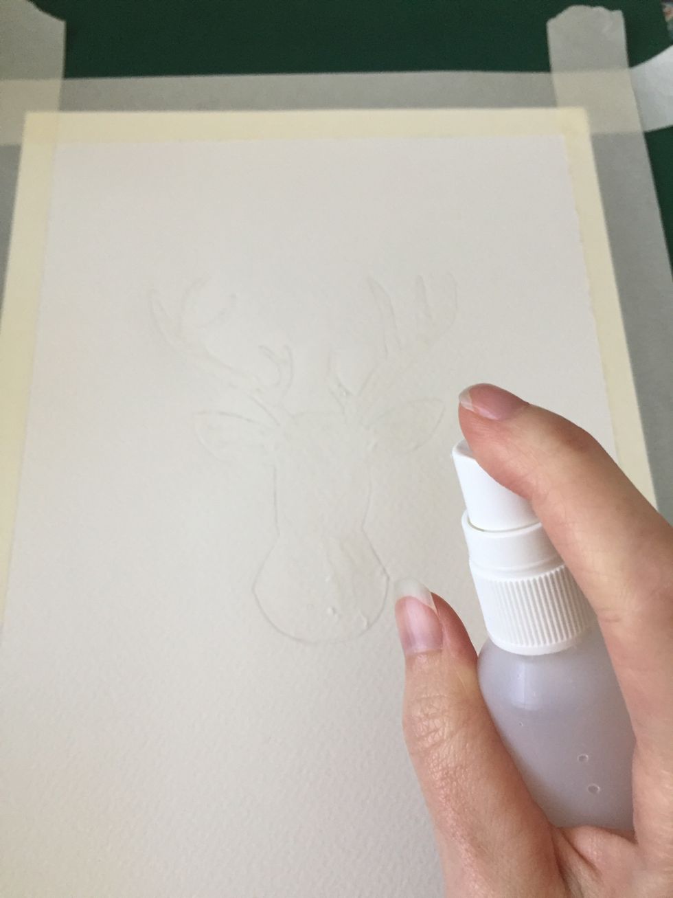 When the frisket is really dry spray clean water over your watercolor paper.