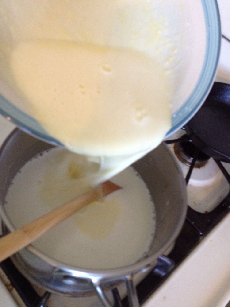 When the heated mixture starts to simmer, slowly add the mixture from the bowl.
