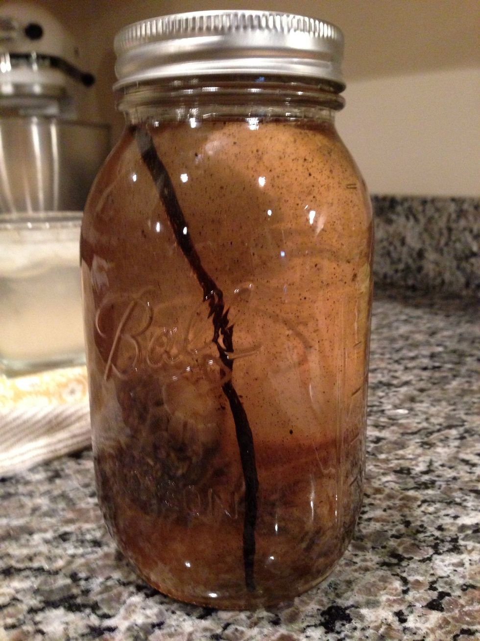When the hour is up you can remove the lavender and vanilla pod and toss... Or you can leave them. What you have is a lavender vanilla simple syrup.