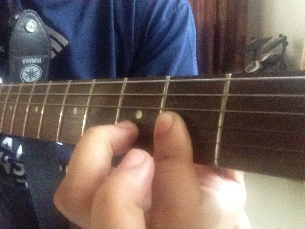 When the index finger is in place, put the 2nd or 3rd finger on the 3rd fret of the 2nd string as shown. That's another way of playing the D chord.