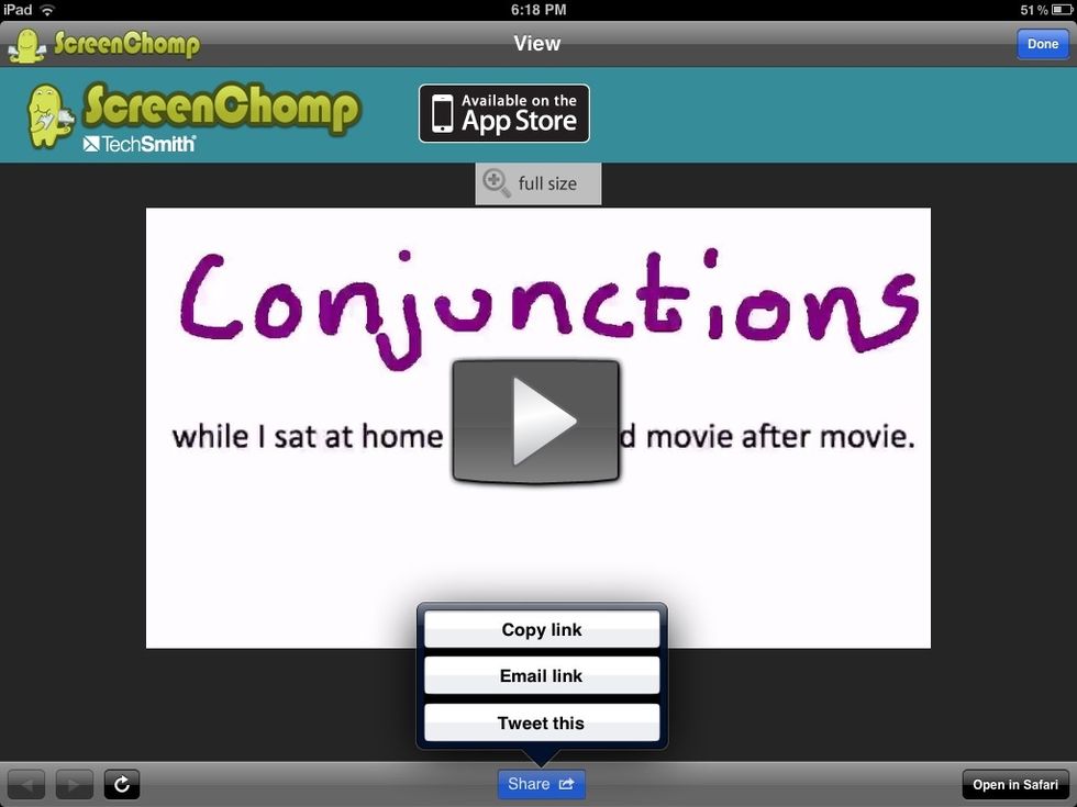 When the lesson is done you can publish it on Facebook or ScreenChomp. Once it is published you will then have a URL that you can share. All lessons are also stored on the app.
