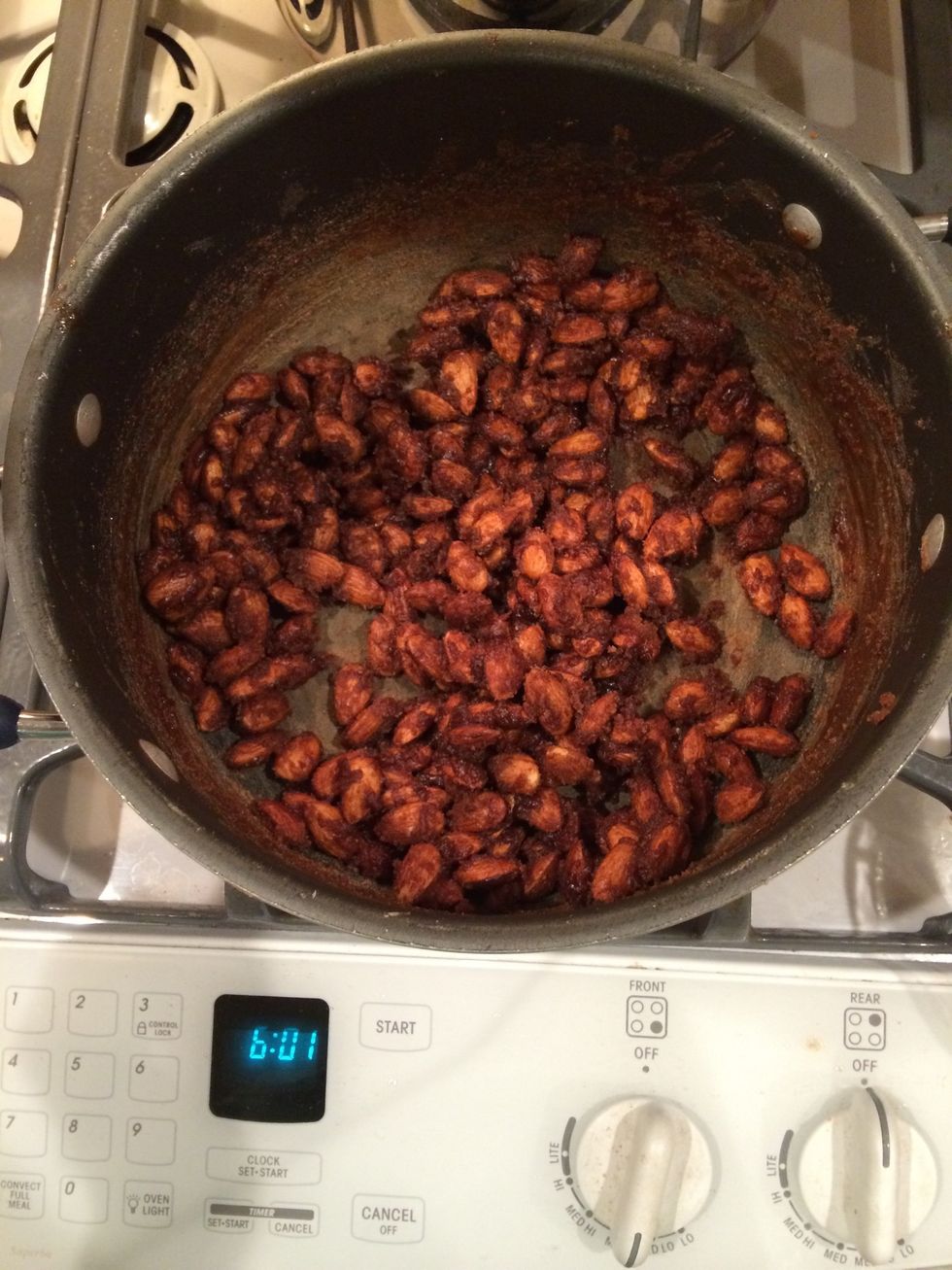 When the liquid evaporates the almonds will become very thick and carmely.