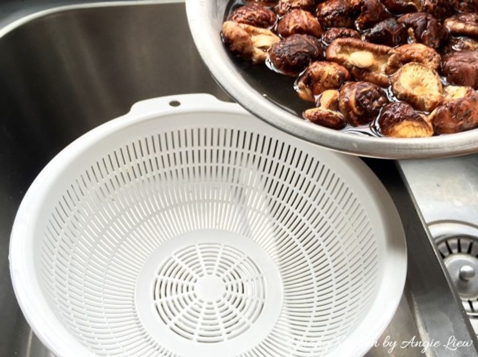 When the mushrooms have softened, strain and retain 1/4 cup of the mushroom fluid for use later.