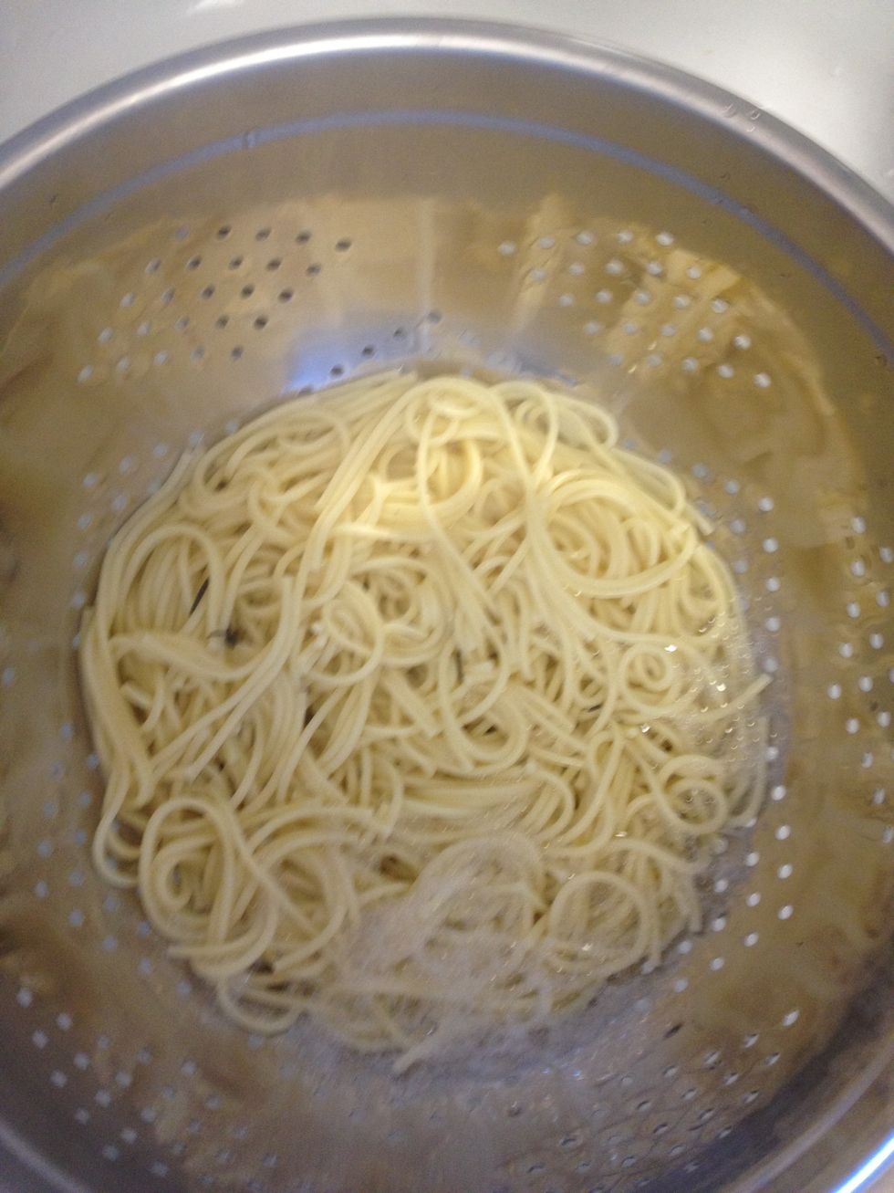 when the noodles are ready, strain them to get all the water out and replace in the pot.