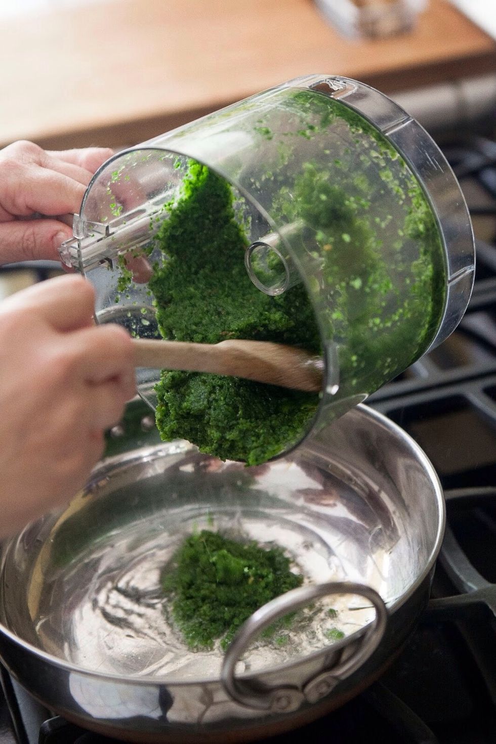 When the oil is hot, add in the green chili masala paste