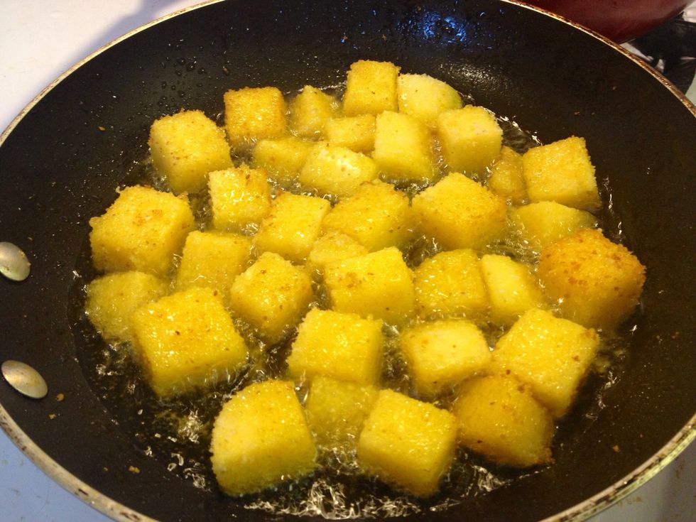 When the oil is hot enough, everybody in the pool! Fry for about 3-5 mins or until golden brown!