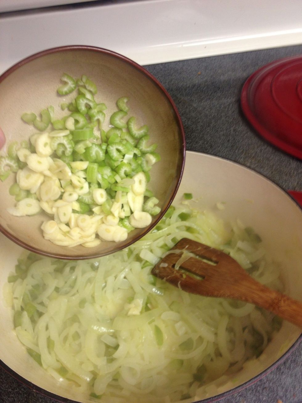 When the onions are clearish and softened add celery garlic mixture. Let cook down about 7 minutes more.
