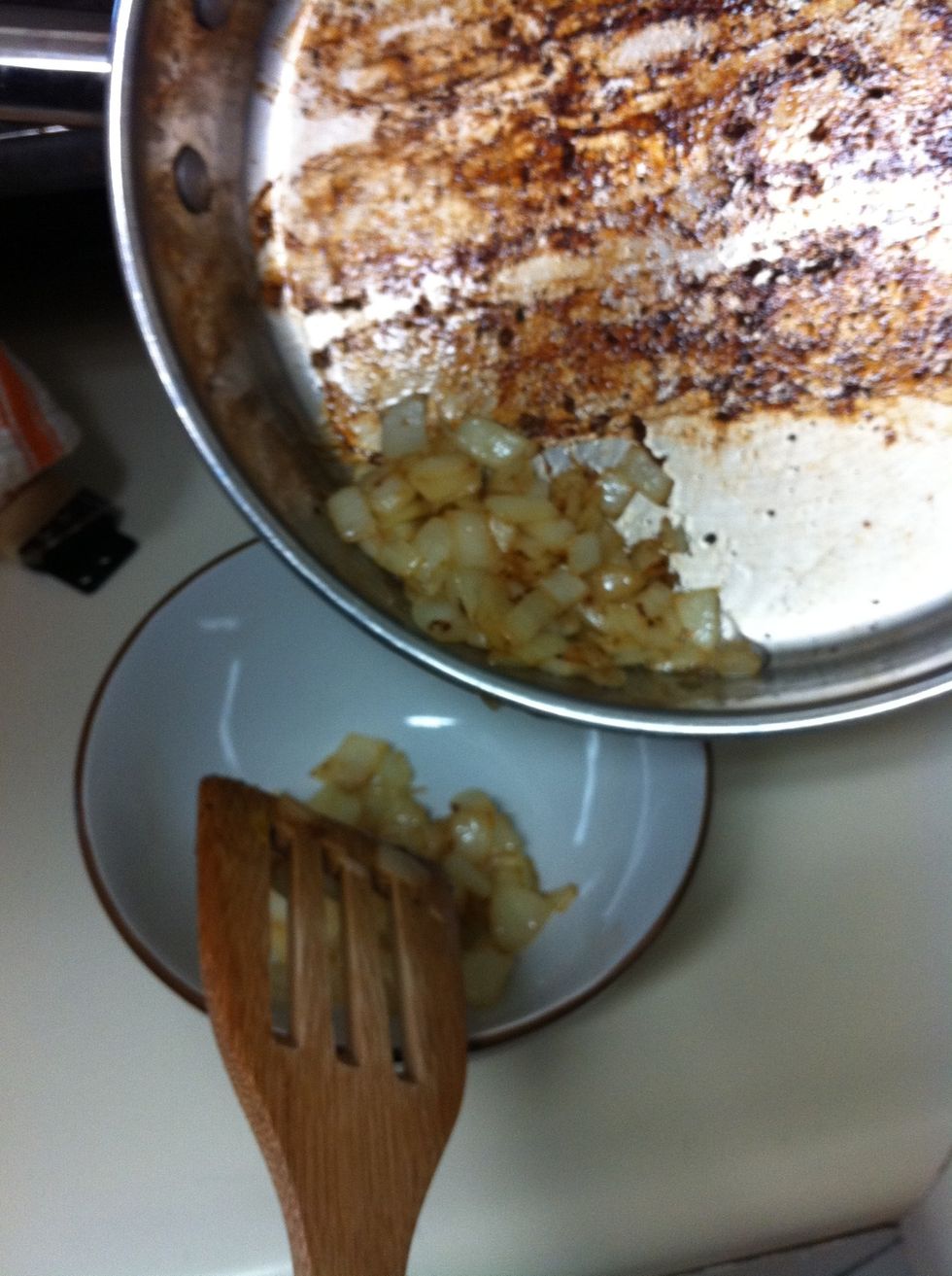 When the onions are done and sweating (8-10 minutes), remove from pan and into a bowl