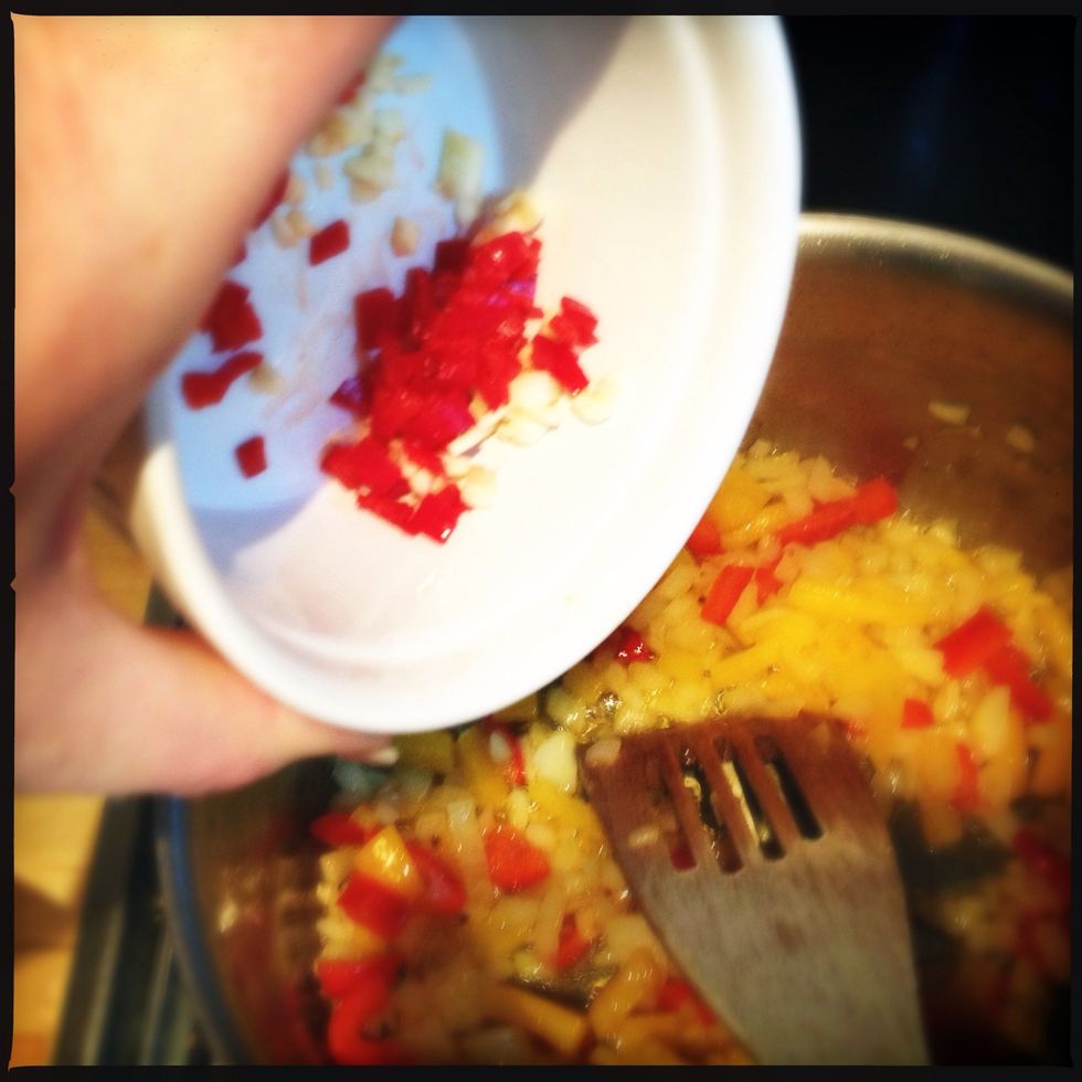 When the onions are glassy, put in your pepper and garlic. > Prepare for the fabulous smell! <